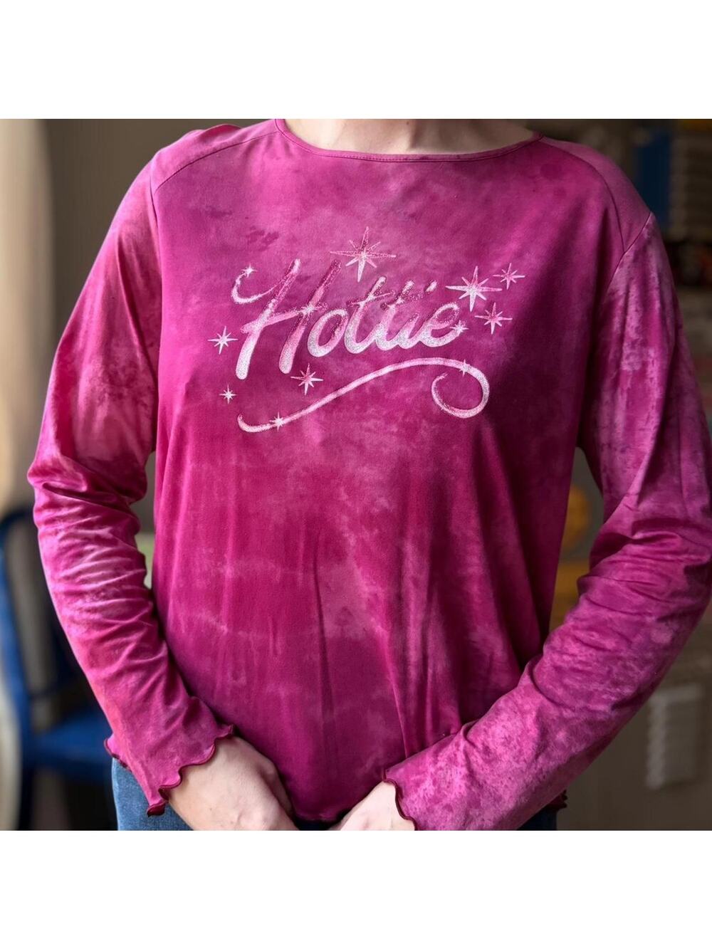 Vintage Y2K Hottie Glitter Long Sleeve | Pink Tie Dye Lettuce Hem | Juniors L